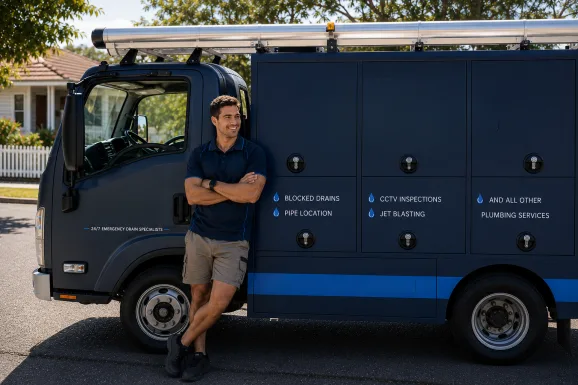 Plumber standing beside a service van in West Pennant Hills