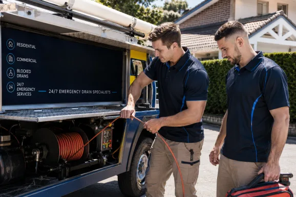 Two plumbers working on a blocked drain in West Pennant Hills