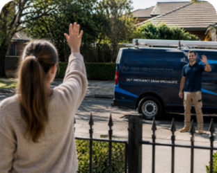 Customer waving goodbye to a West Pennant Hills Blocked Drains plumber